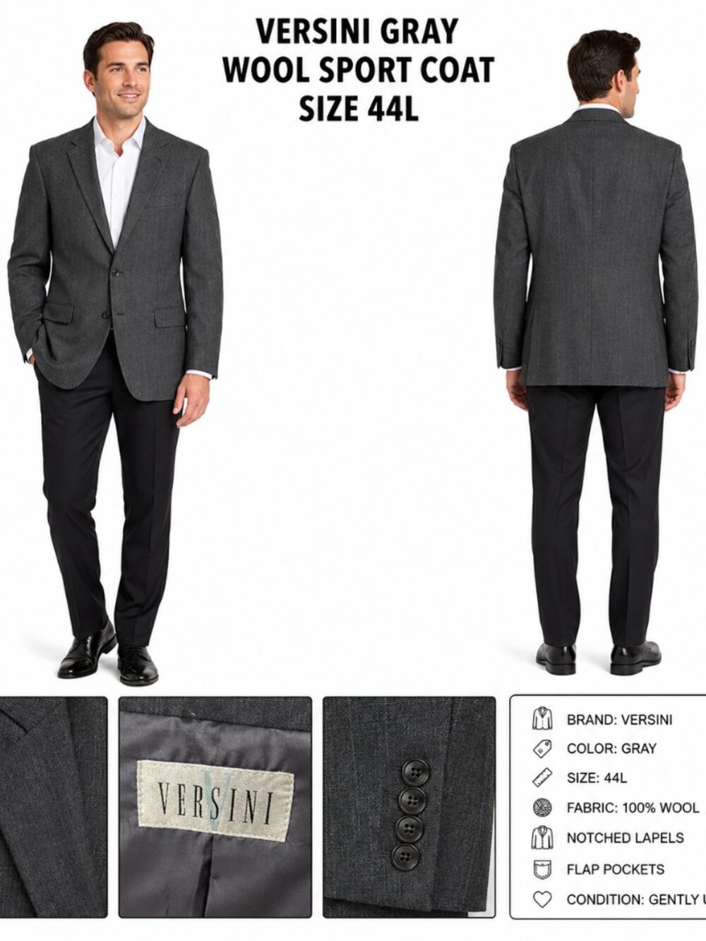 VERSINI GRAY WOOL SPORT COAT SIZE 44L NOTCHED LAPELS